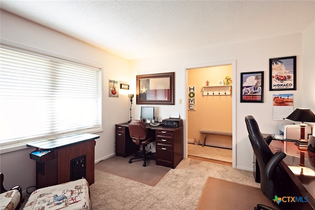 office area with a textured ceiling and light carpet