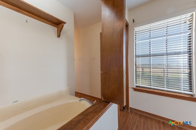 bathroom featuring plenty of natural light, a bathtub, and hardwood / wood-style floors