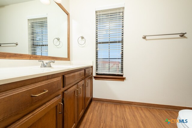 bathroom featuring vanity, hardwood / wood-style flooring, and toilet