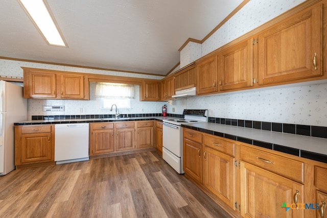 kitchen with tile countertops, white appliances, sink, crown molding, and dark hardwood / wood-style flooring