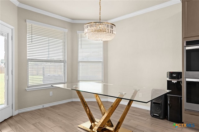 1203 Roma St, Harker Heights, TX 76548 - unfurnished dining area with a chandelier, light wood finished floors, crown molding, and baseboards