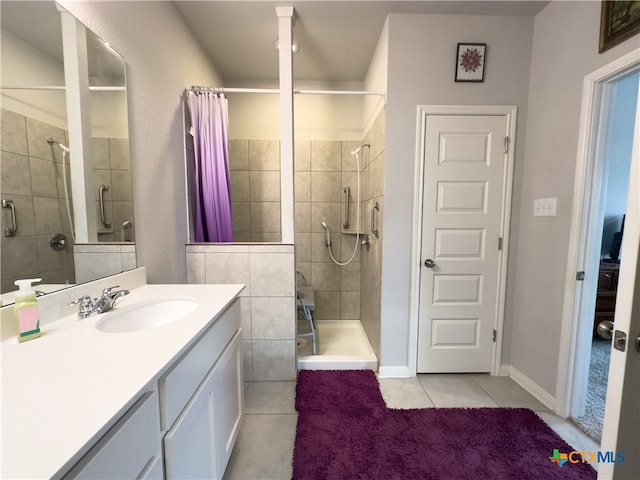 bathroom with tile patterned flooring, vanity, and a shower with shower curtain