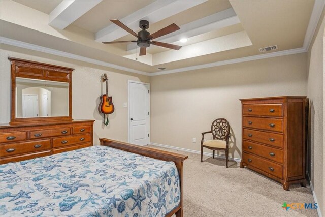 5907 Verde Dr, Killeen, TX 76549 - bedroom with light colored carpet, crown molding, a raised ceiling, ceiling fan, and baseboards