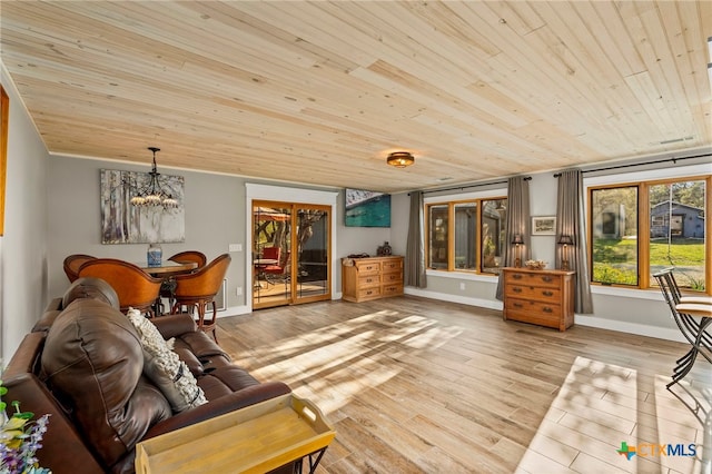 living room with light wood-style flooring, a notable chandelier, baseboards, and wood ceiling