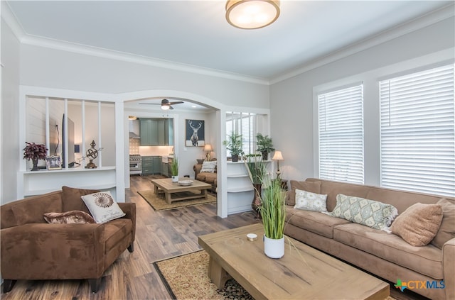 living room with wood-type flooring, ceiling fan, and crown molding