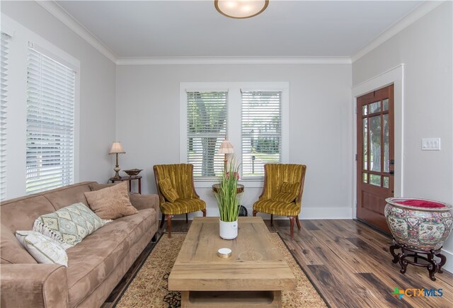 living room featuring hardwood / wood-style flooring, crown molding, and a wealth of natural light