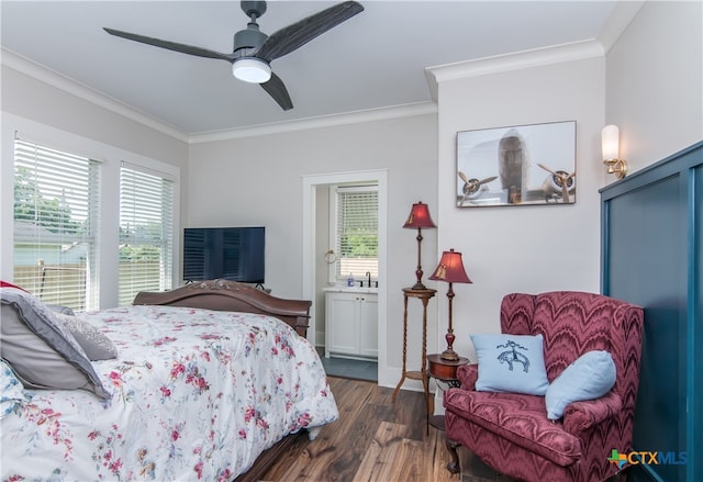 bedroom with ornamental molding, dark wood-type flooring, and ceiling fan