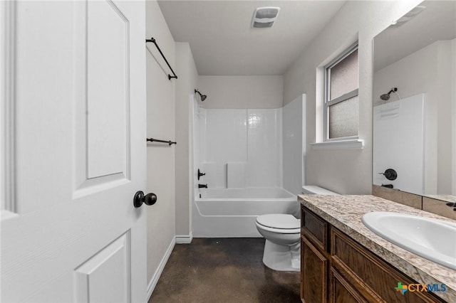 full bathroom featuring toilet, vanity, shower / tub combination, and concrete flooring