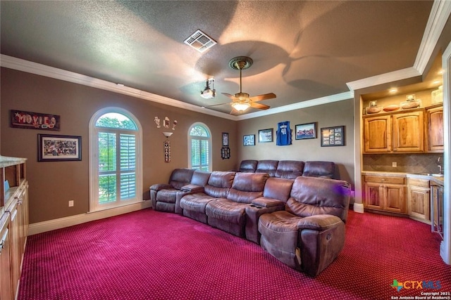 547 Powder Rdg, Luling, TX 78648 - home theater room with dark carpet, crown molding, a ceiling fan, and a textured ceiling