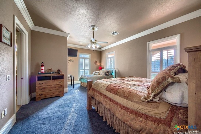 547 Powder Rdg, Luling, TX 78648 - carpeted bedroom featuring a textured ceiling, crown molding, multiple windows, and ceiling fan