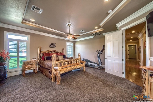 547 Powder Rdg, Luling, TX 78648 - bedroom featuring a tray ceiling, carpet, ornamental molding, recessed lighting, and a ceiling fan