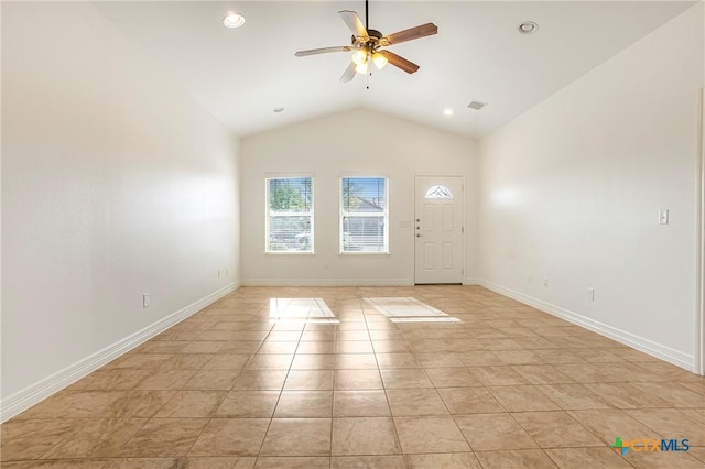 1121 Swanflower Ln, Temple, TX 76502 - interior space with ceiling fan, vaulted ceiling, baseboards, and light tile patterned floors