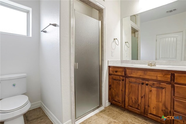 1121 Swanflower Ln, Temple, TX 76502 - full bath featuring a shower stall, tile patterned floors, visible vents, toilet, and vanity