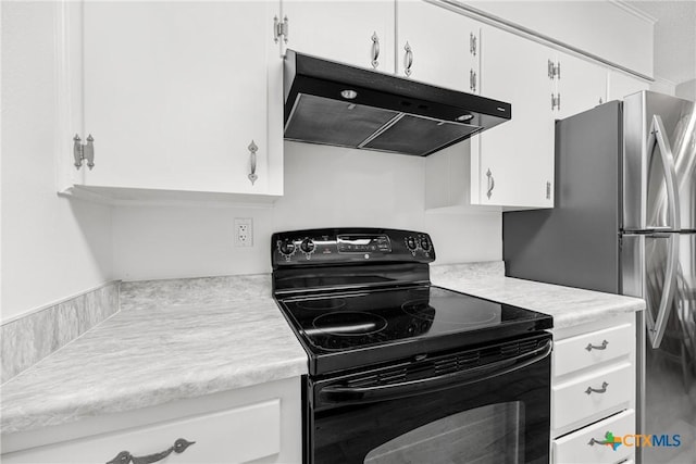 1206 Amthor Ave, Copperas Cove, TX 76522 - kitchen featuring electric range, under cabinet range hood, light countertops, white cabinetry, and freestanding refrigerator