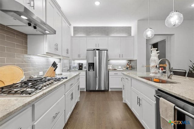 119 Rivalto Dr, Horseshoe Bay, TX 78657 - kitchen featuring stainless steel appliances, a sink, ventilation hood, white cabinetry, and dark wood-style floors