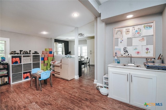 rec room featuring a sink, baseboards, recessed lighting, and wood finished floors