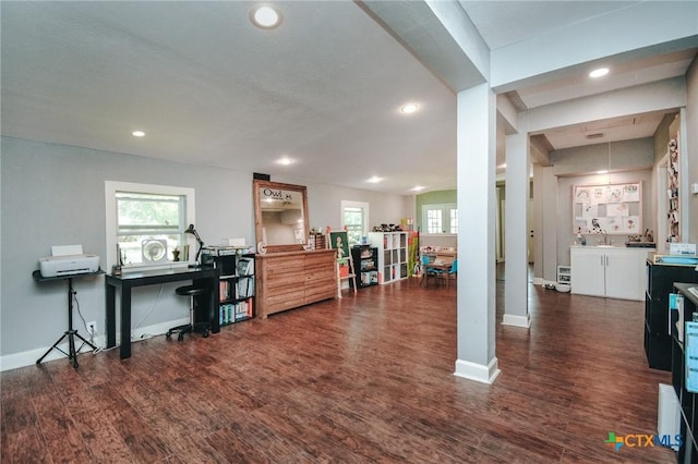 office area featuring recessed lighting, a wealth of natural light, and wood finished floors
