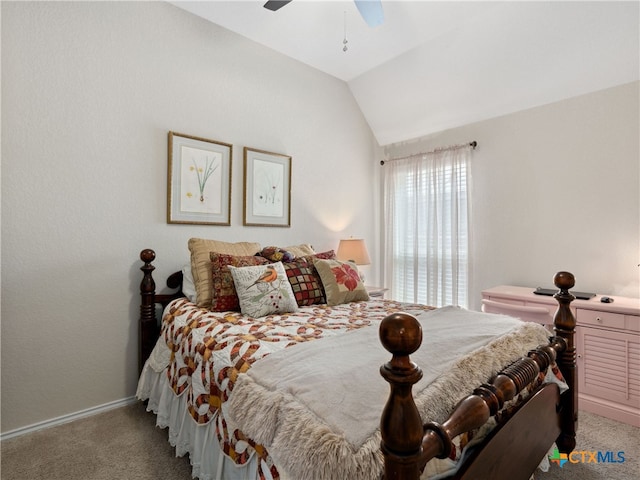 2136 Pioneer Pass, Seguin, TX 78155 - bedroom featuring light carpet, lofted ceiling, baseboards, and ceiling fan