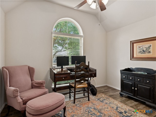 2136 Pioneer Pass, Seguin, TX 78155 - office with a ceiling fan, vaulted ceiling, wood finished floors, and baseboards