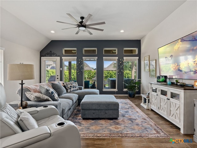 2136 Pioneer Pass, Seguin, TX 78155 - living room featuring a ceiling fan, recessed lighting, and dark wood-style floors