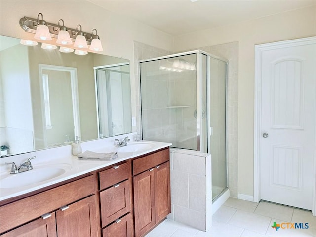 2602 Camp Cooper Dr, Killeen, TX 76549 - bathroom featuring a stall shower, tile patterned floors, and double vanity