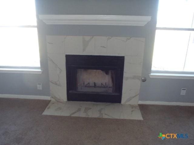 interior details with carpet flooring, a fireplace, and baseboards