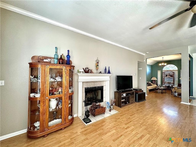 living room featuring ornamental molding, wood finished floors, and a fireplace