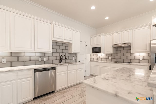 6106 Cactus Flower Ln, Killeen, TX 76549 - kitchen with black appliances, white cabinets, under cabinet range hood, backsplash, and light stone counters