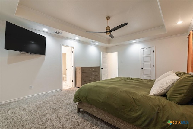 6106 Cactus Flower Ln, Killeen, TX 76549 - carpeted bedroom with a tray ceiling, crown molding, recessed lighting, connected bathroom, and a ceiling fan