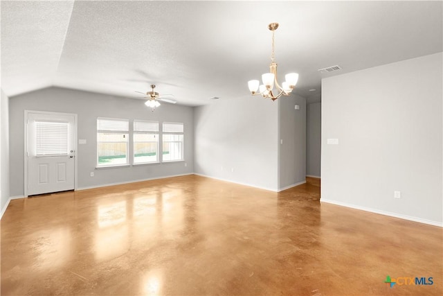 1402 Lindsey Dr, Copperas Cove, TX 76522 - unfurnished living room featuring baseboards, finished concrete flooring, visible vents, and ceiling fan with notable chandelier