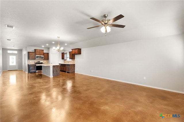 1402 Lindsey Dr, Copperas Cove, TX 76522 - unfurnished living room with baseboards, finished concrete floors, visible vents, and ceiling fan with notable chandelier