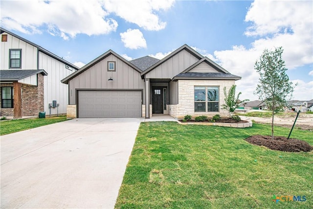 2002 Rosson St, Nolanville, TX 76559 - view of front of home with board and batten siding, an attached garage, concrete driveway, a front yard, and stone siding
