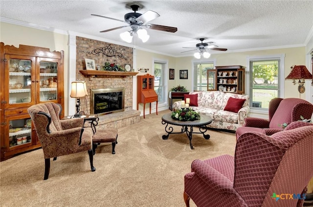 living room featuring ornamental molding, a textured ceiling, light carpet, and a brick fireplace