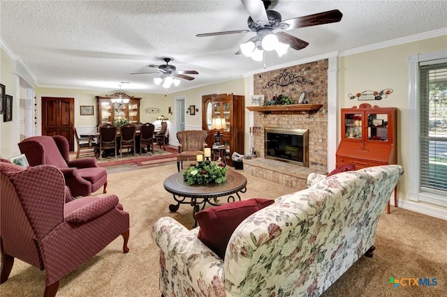 carpeted living room with a textured ceiling, a brick fireplace, and ornamental molding