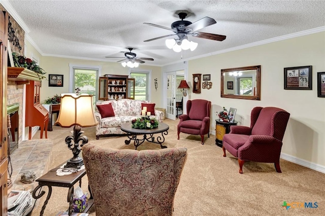 carpeted living room with a brick fireplace, a textured ceiling, and ornamental molding