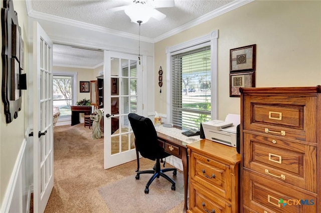 carpeted office space with crown molding, a textured ceiling, and french doors