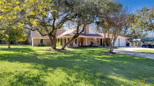 ranch-style house featuring a front lawn and a garage