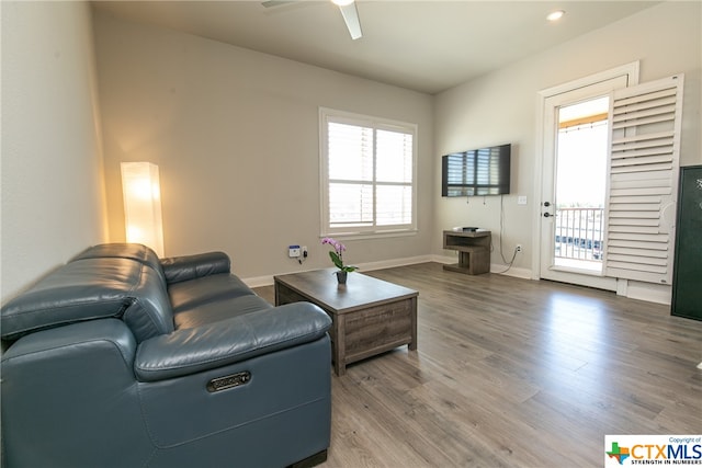 living room with hardwood / wood-style flooring and ceiling fan