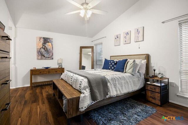 5006 Las Campanas St, San Antonio, TX 78233 - bedroom featuring lofted ceiling, wood finished floors, baseboards, and ceiling fan