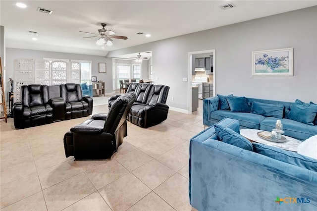 46 Bluestem St, Victoria, TX 77904 - living room featuring a ceiling fan, light tile patterned floors, recessed lighting, and baseboards