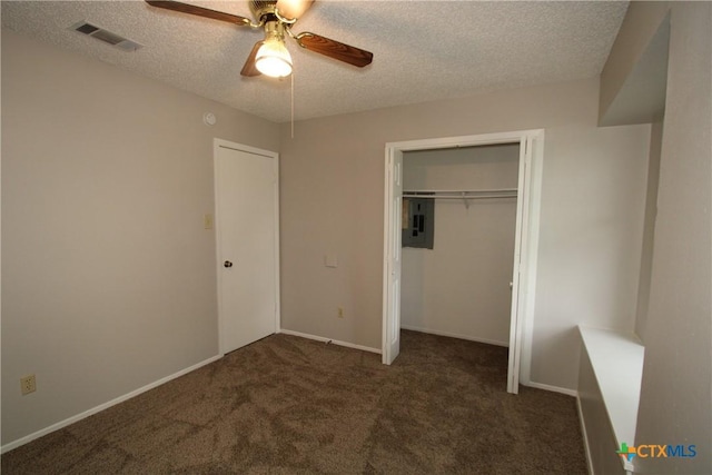 4508 Greenbriar Cir, Killeen, TX 76543 - unfurnished bedroom featuring electric panel, a textured ceiling, carpet floors, a closet, and a ceiling fan