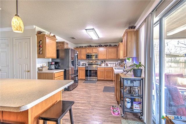 kitchen with sink, appliances with stainless steel finishes, hanging light fixtures, a kitchen breakfast bar, and light hardwood / wood-style floors