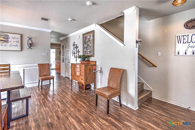 living area featuring ornamental molding, dark hardwood / wood-style floors, and a textured ceiling