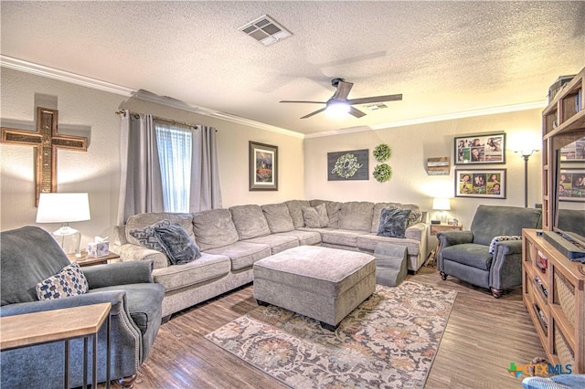 living room with crown molding, a textured ceiling, and hardwood / wood-style flooring