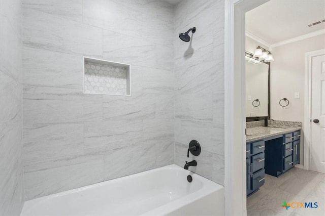 full bathroom featuring washtub / shower combination, ornamental molding, vanity, and visible vents