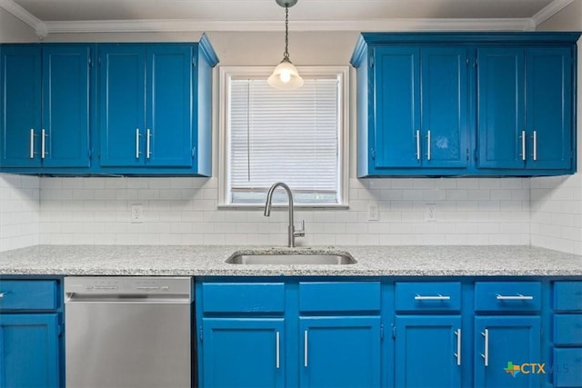 kitchen featuring blue cabinets, a sink, and stainless steel dishwasher