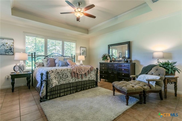 1320 Daisy Ln, Temple, TX 76502 - bedroom with a raised ceiling, ornamental molding, tile patterned floors, and ceiling fan