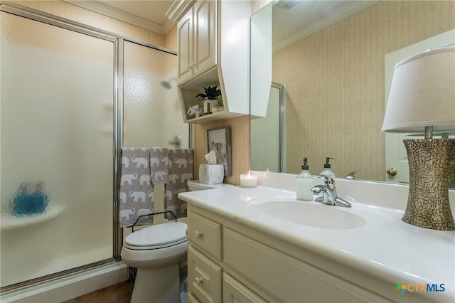 1320 Daisy Ln, Temple, TX 76502 - bathroom with crown molding, a shower stall, vanity, wallpapered walls, and tile patterned floors