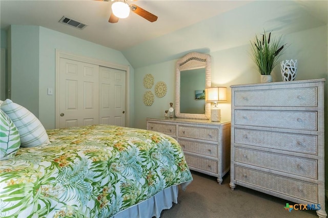 1320 Daisy Ln, Temple, TX 76502 - bedroom with carpet flooring, a closet, vaulted ceiling, and a ceiling fan