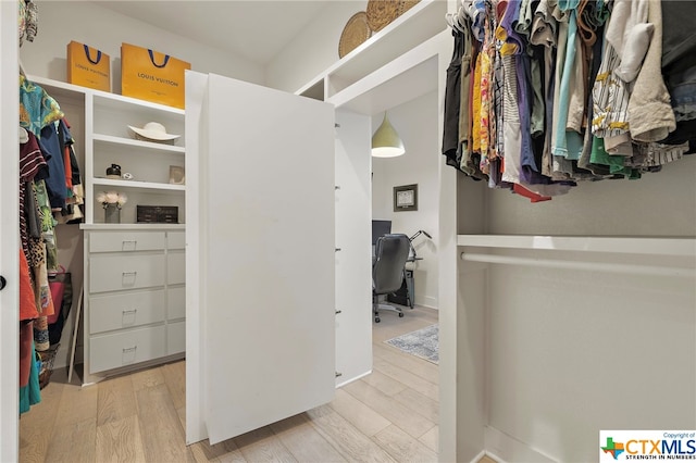 walk in closet with light wood-type flooring